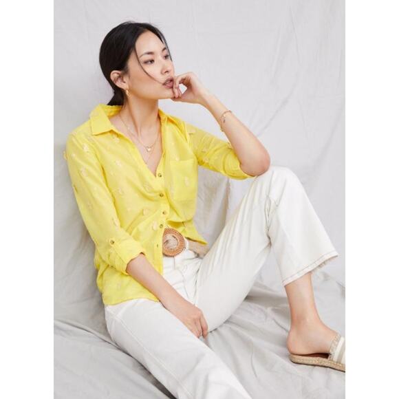 Anthropologie Maeve Pineapple Buttondown Women's Blouse Top 2 Yellow Embroidered - Picture 1 of 7
